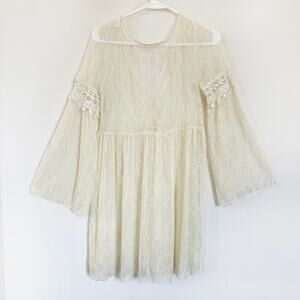 Coco + Jameson Lace Dress Bell Sleeve Deep V Back Short Junior LARGE Cream